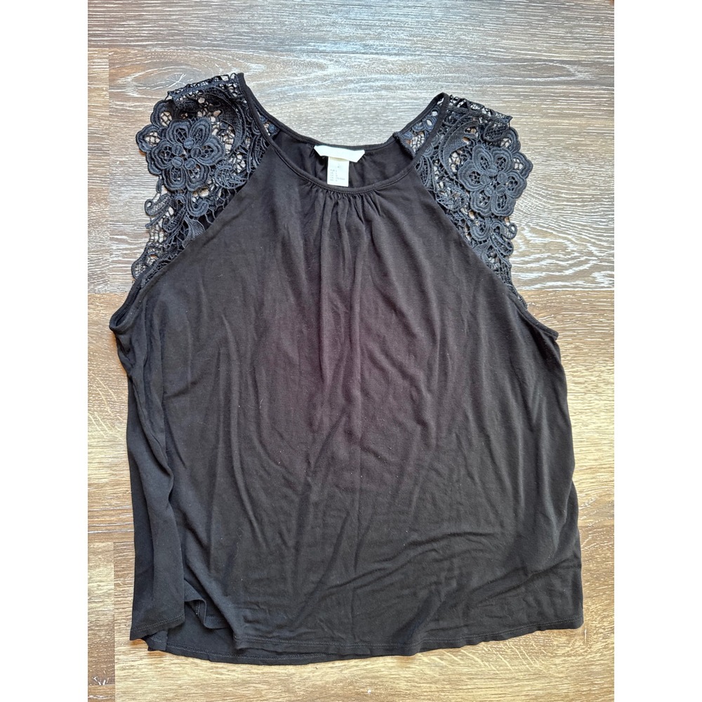HM Black Sleeveless Lace Shoulder Top Floral Crochet Viscose Blouse Womens L